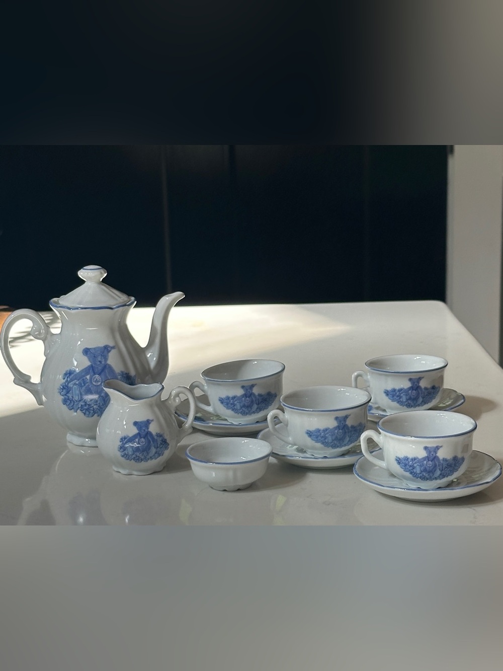 Steiff Teddy Bear Blau Porcelain Tea Set White Porcelain Cobalt Blue Complete